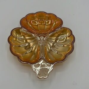 JEANETTE IRIDESCENT CARNIVAL GLASS THREE LEAF CLOVER CANDY DISH VINTAGE
